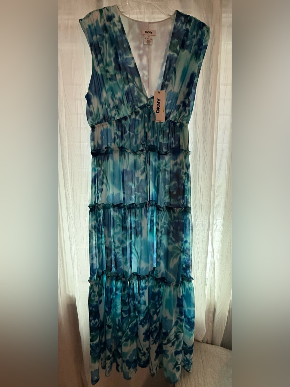 DKNY Blue Watercolor Tiered V-Neck Maxi Dress
